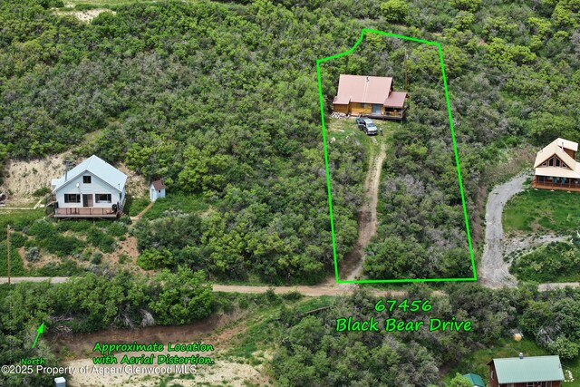 67456 Black Bear Dr, Collbran, CO 81624 - view from above of property featuring property boundaries highlighted and a heavily wooded area