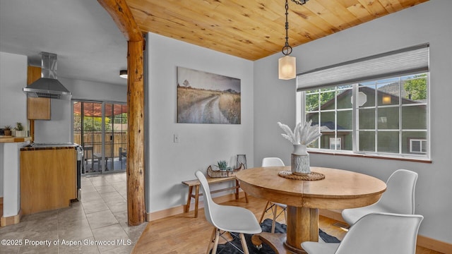 dining space with wood ceiling, light tile patterned floors, plenty of natural light, and baseboards