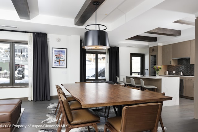 65 Wood Rd Unit 233, Snowmass Village, CO 81615 - dining room with dark wood-style flooring, beamed ceiling, and wine cooler