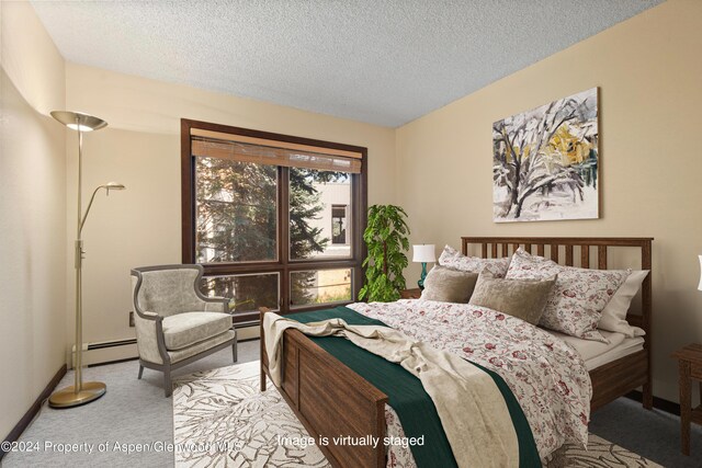 211 Meadow Ranch Dr Unit D5A, Snowmass Village, CO 81615 - bedroom featuring light colored carpet, a textured ceiling, baseboard heating, baseboards, and a baseboard radiator