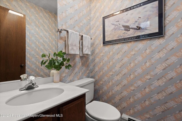 211 Meadow Ranch Dr Unit D5A, Snowmass Village, CO 81615 - half bathroom featuring wallpapered walls, toilet, vanity, and baseboard heating