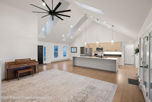 kitchen featuring a skylight, a sink, stainless steel appliances, open floor plan, and light wood-type flooring