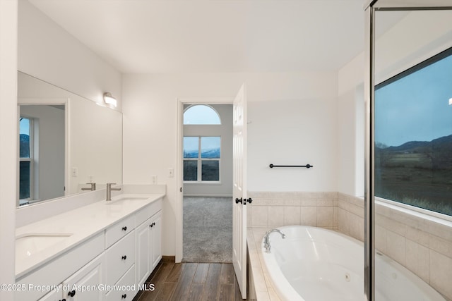 bathroom featuring double vanity, wood finished floors, a tub with jets, and a sink