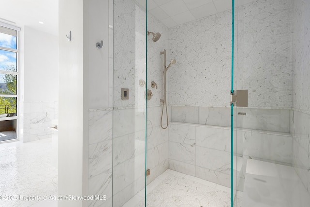401 Eagle Park Dr, Aspen, CO 81611 - bathroom featuring a marble finish shower and plenty of natural light