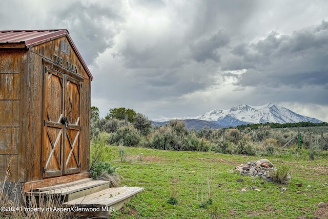 view of yard featuring a mountain view and a storage shed