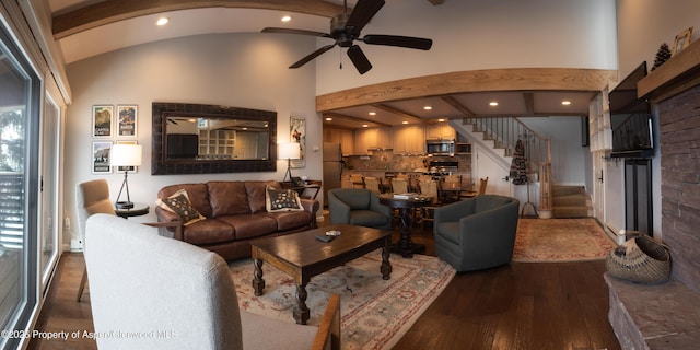 690 Carriage Way Unit D3D, Snowmass Village, CO 81615 - living room featuring stairway, wood-type flooring, a ceiling fan, a fireplace with raised hearth, and high vaulted ceiling