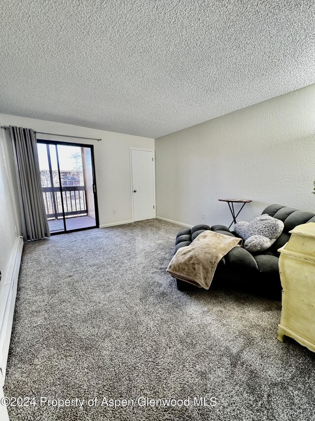 living area with carpet floors, a baseboard radiator, and a textured ceiling