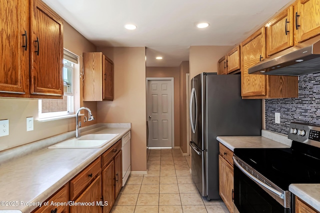 2618 Apache Ct, Rifle, CO 81650 - kitchen featuring stainless steel range with electric cooktop, under cabinet range hood, backsplash, light countertops, and light tile patterned floors