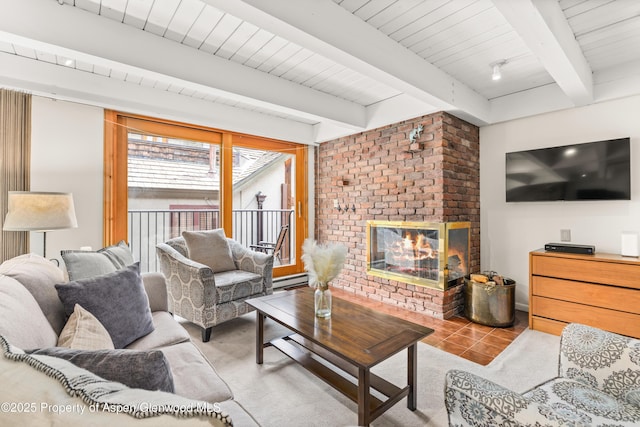 tiled living room with baseboard heating, beamed ceiling, and a fireplace
