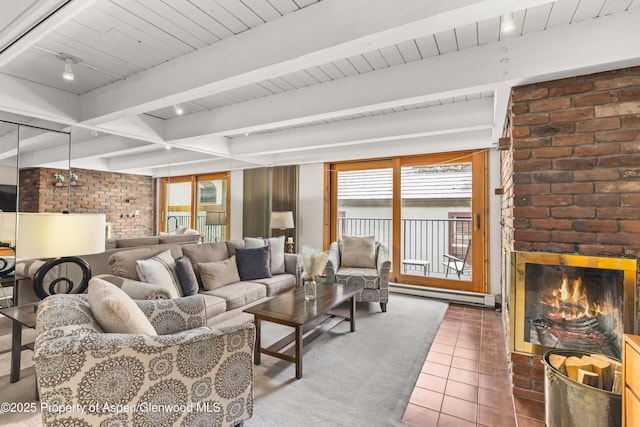 tiled living room featuring wooden ceiling, beam ceiling, a fireplace, baseboard heating, and brick wall