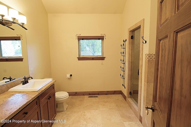 bathroom with a shower, vanity, and toilet