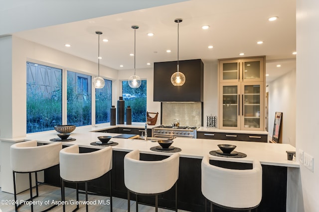 kitchen featuring high end stove, pendant lighting, wood-type flooring, a breakfast bar area, and decorative backsplash