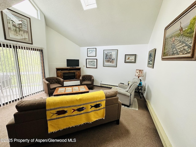 1024 E Ave, Rifle, CO 81650 - carpeted living room featuring lofted ceiling, a fireplace, and a baseboard radiator