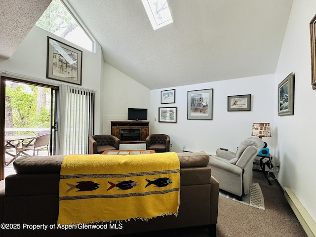 1024 E Ave, Rifle, CO 81650 - living room featuring lofted ceiling, a skylight, a glass covered fireplace, carpet floors, and a textured ceiling
