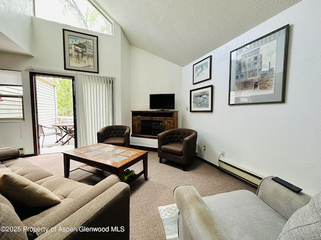 1024 E Ave, Rifle, CO 81650 - carpeted living area with a baseboard radiator, a textured ceiling, and high vaulted ceiling