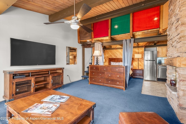 600 Carriage Way Unit L-12, Snowmass Village, CO 81615 - living room with a wooden ceiling with exposed beams, a ceiling fan, carpet floors, a high ceiling, and a fireplace