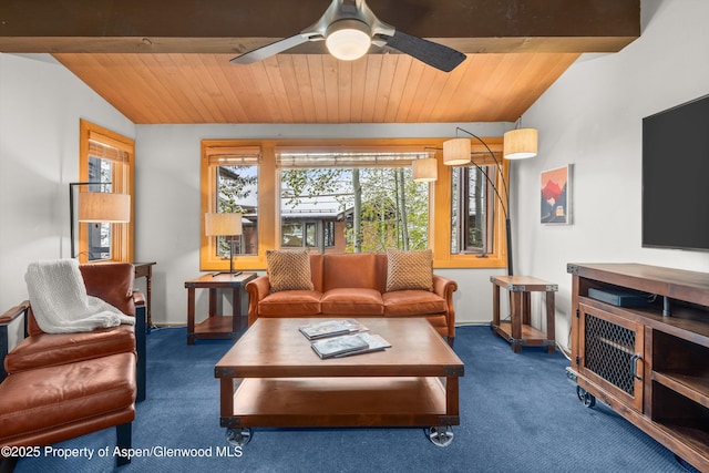 600 Carriage Way Unit L-12, Snowmass Village, CO 81615 - carpeted living area with vaulted ceiling, ceiling fan, and wood ceiling