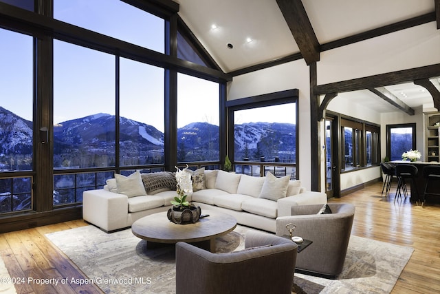 living room with a mountain view, light hardwood / wood-style flooring, and a wall of windows