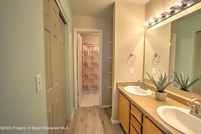 41 Angelica Cir, Parachute, CO 81635 - full bath featuring wood finished floors, double vanity, and curtained shower