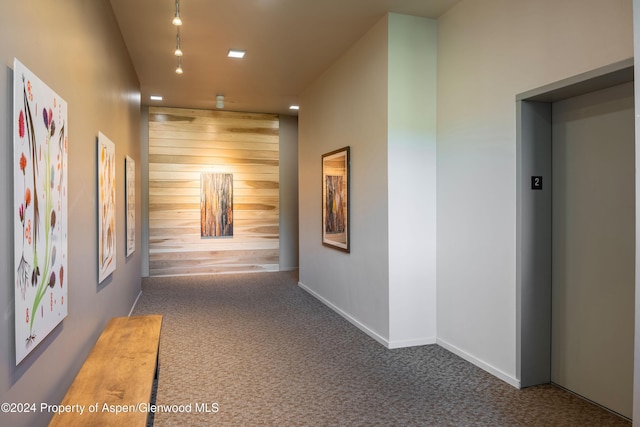 hall featuring carpet floors, elevator, and wood walls