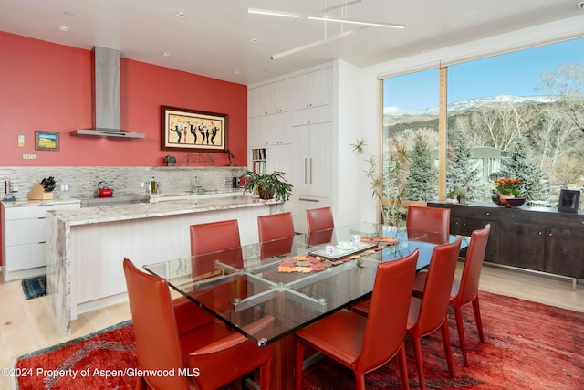 dining room with a mountain view and light hardwood / wood-style flooring