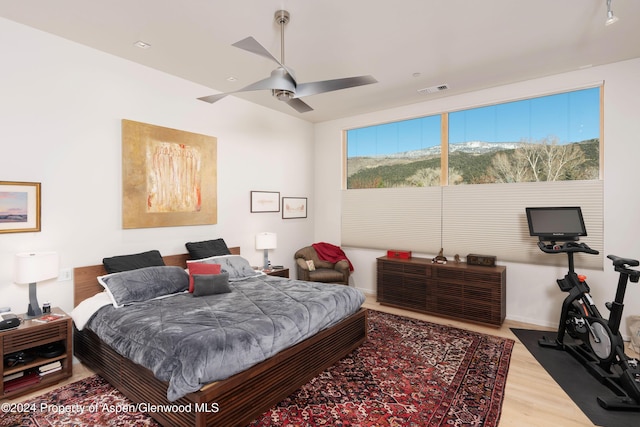 bedroom with ceiling fan and wood-type flooring