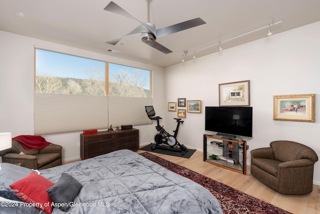 bedroom featuring ceiling fan, hardwood / wood-style flooring, and rail lighting