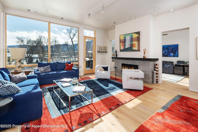 living room featuring a tile fireplace, track lighting, and hardwood / wood-style flooring