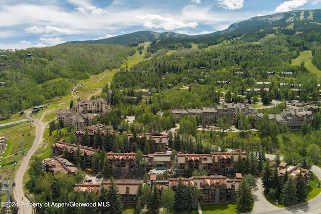 drone / aerial view featuring a mountain view