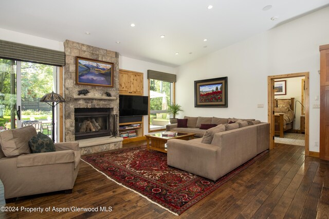 living room featuring a stone fireplace, dark wood-type flooring, and a healthy amount of sunlight