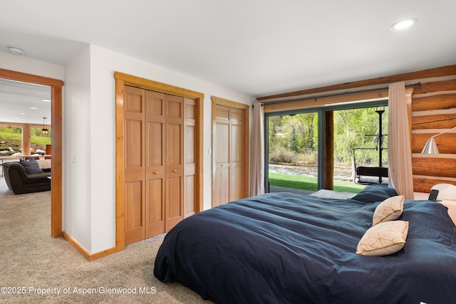 2134 Lower River Rd, Snowmass, CO 81654 - carpeted bedroom with two closets, baseboards, recessed lighting, and rustic walls