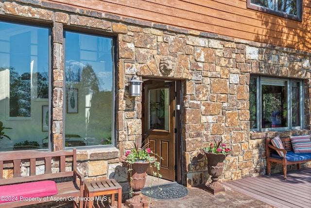 entrance to property featuring stone siding