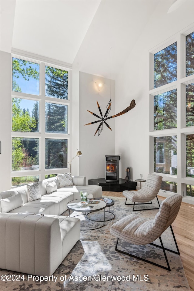 living room featuring high vaulted ceiling, a wood stove, and a wealth of natural light