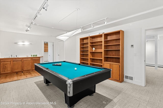 game room with light colored carpet, sink, and pool table