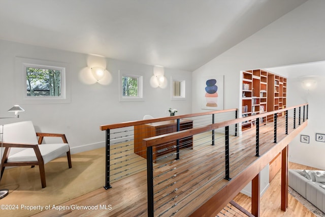 rec room featuring light hardwood / wood-style flooring and lofted ceiling