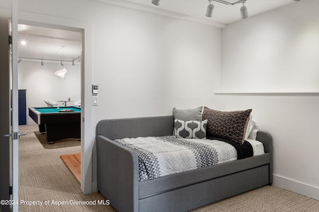 carpeted bedroom with track lighting and pool table