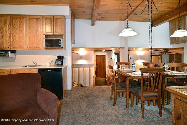301 E Hyman Avenue #106 (Wks. 3,33,47), Aspen, CO 81611 - dining area featuring carpet flooring, wooden ceiling, ceiling fan, and beamed ceiling