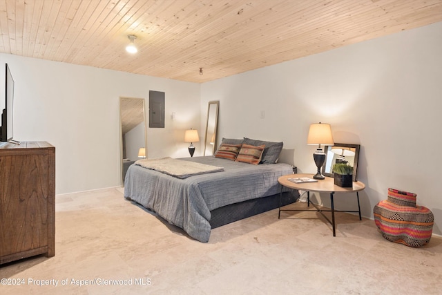 bedroom with wood ceiling and electric panel