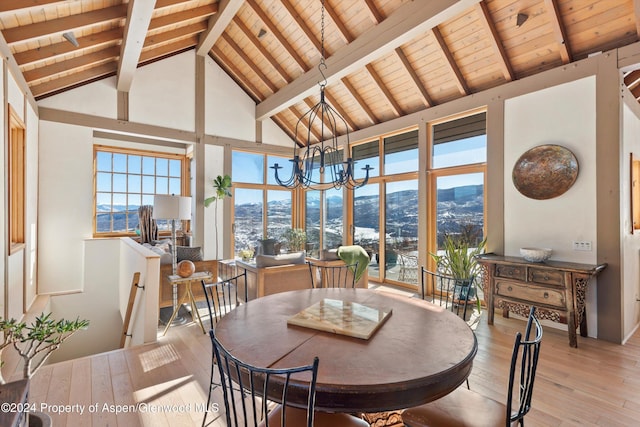 dining room with a mountain view, wooden ceiling, beamed ceiling, light hardwood / wood-style floors, and a chandelier