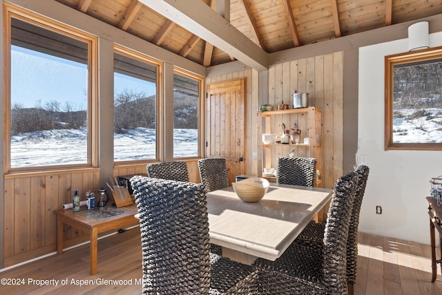 dining area with hardwood / wood-style floors, lofted ceiling with beams, wood walls, and wood ceiling