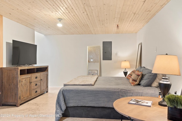 bedroom featuring wood ceiling and electric panel