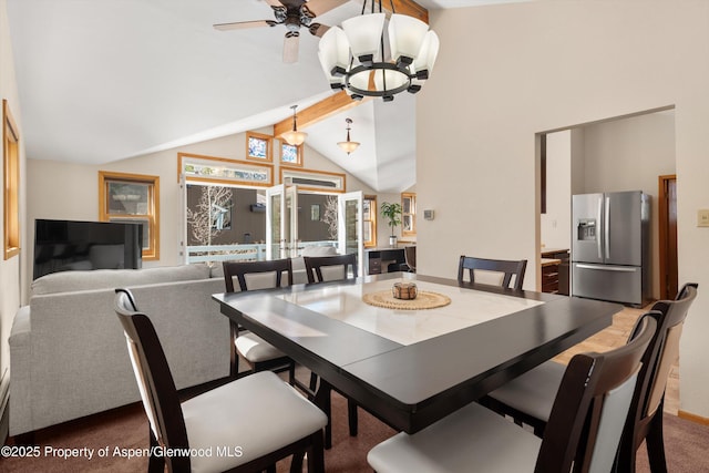 536 Spruce St, Aspen, CO 81611 - dining area featuring lofted ceiling and ceiling fan with notable chandelier