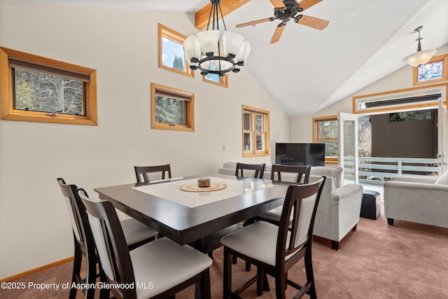 536 Spruce St, Aspen, CO 81611 - dining room with lofted ceiling with beams, carpet flooring, and a chandelier