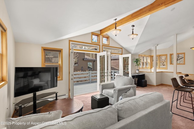 536 Spruce St, Aspen, CO 81611 - carpeted living room featuring lofted ceiling with beams