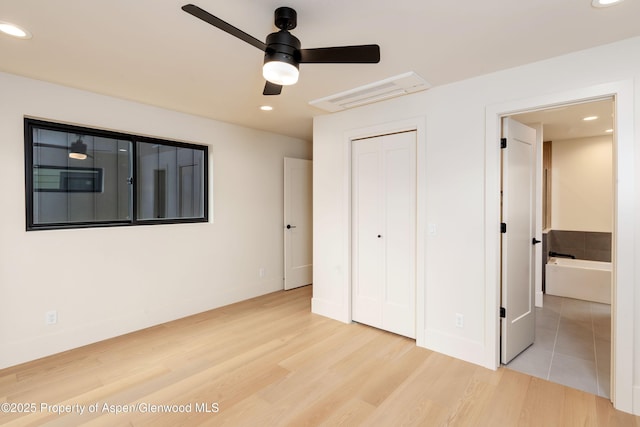 366 Stotts Mill Rd, Basalt, CO 81621 - unfurnished bedroom with recessed lighting, light wood-style flooring, a closet, and a ceiling fan