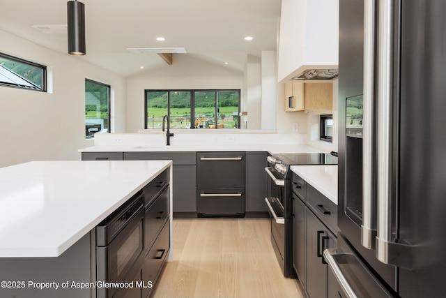 366 Stotts Mill Rd, Basalt, CO 81621 - kitchen featuring appliances with stainless steel finishes, light countertops, lofted ceiling, gray cabinetry, and custom range hood