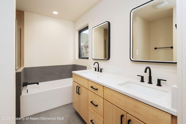 366 Stotts Mill Rd, Basalt, CO 81621 - full bath featuring double vanity, a garden tub, tile patterned flooring, and recessed lighting