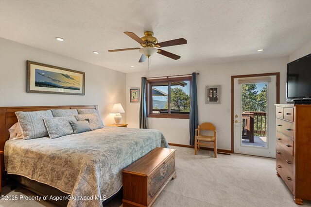 10 Cedar Cv, Glenwood Springs, CO 81601 - bedroom with access to exterior, recessed lighting, light carpet, and ceiling fan