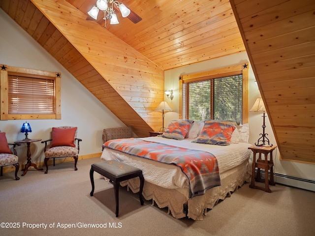 bedroom with a baseboard radiator, lofted ceiling, wooden ceiling, and carpet