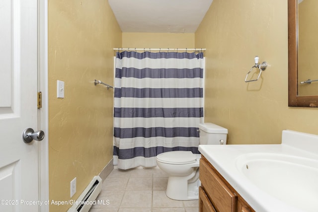 bathroom featuring tile patterned flooring, curtained shower, toilet, and vanity